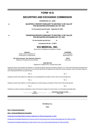 Miniature ICU Medical
 10-Q Rapport trimestriel  
