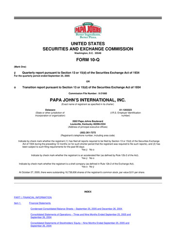 Miniature Papa John's Pizza
 10-Q Rapport trimestriel  