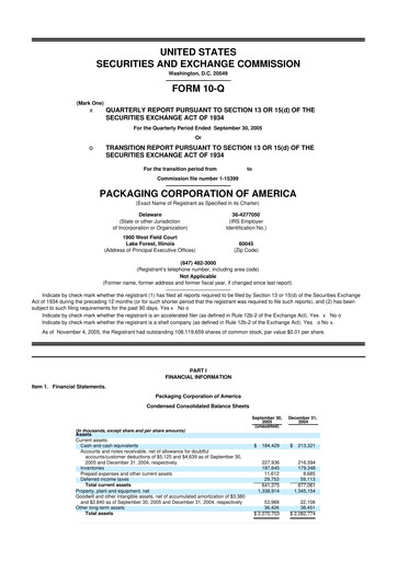 Thumbnail Packaging Corporation of America
 10-Q Quarterly Report FY 