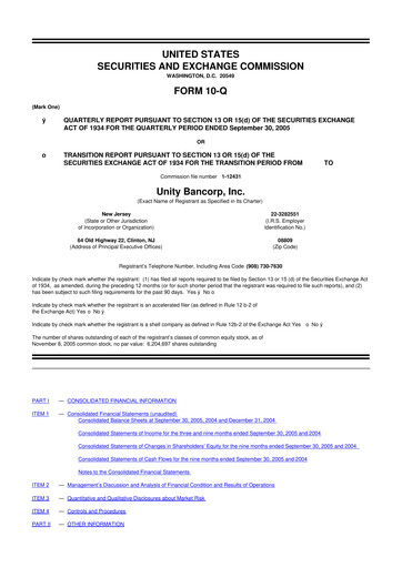 Thumbnail Unity Bancorp 10-Q Quarterly Report FY 