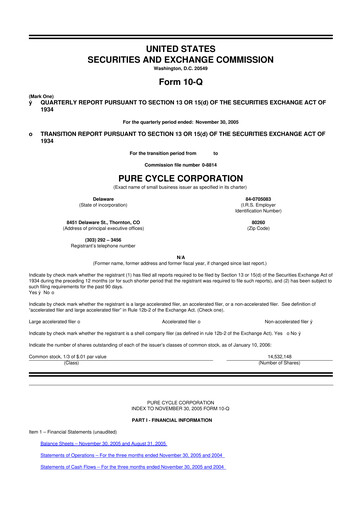 Thumbnail Pure Cycle (water) 10-Q Quarterly Report FY 
