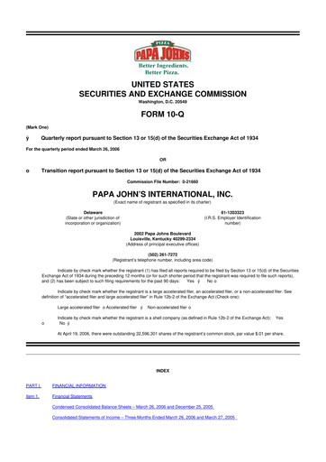 Miniature Papa John's Pizza
 10-Q Rapport trimestriel  