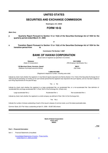Thumbnail Bank of Hawaii
 10-Q Quarterly Report FY 