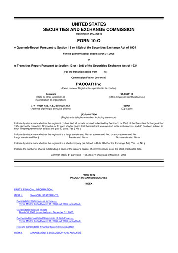 Thumbnail Paccar 10-Q Quarterly Report FY 