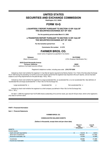 Thumbnail Farmer Brothers
 10-Q Quarterly Report FY 