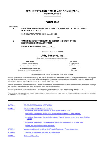 Thumbnail Unity Bancorp 10-Q Quarterly Report FY 