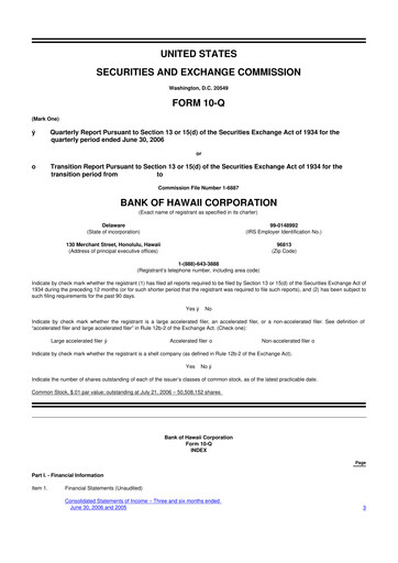Thumbnail Bank of Hawaii
 10-Q Quarterly Report FY 