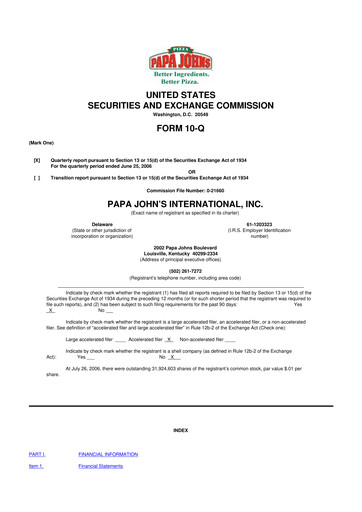 Miniature Papa John's Pizza
 10-Q Rapport trimestriel  