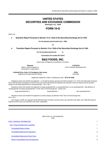 Miniature B&G Foods

 10-Q Rapport trimestriel  