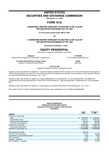 Thumbnail Equity Residential
 10-Q Quarterly Report FY 