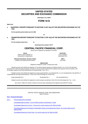 Miniature Central Pacific Financial 10-Q Rapport trimestriel  