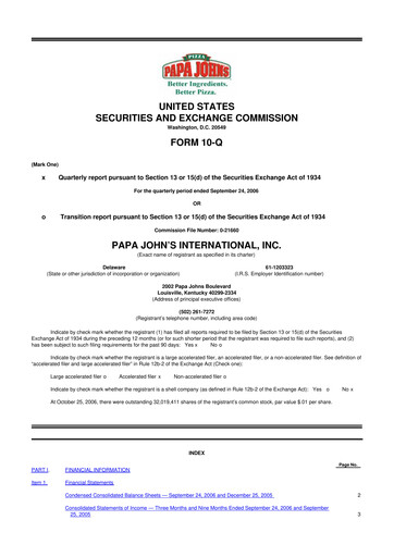 Miniature Papa John's Pizza
 10-Q Rapport trimestriel  