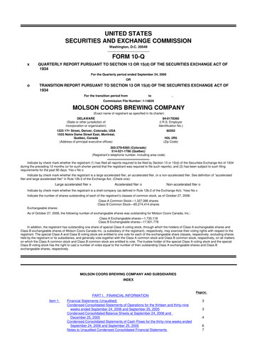 Thumbnail Molson Coors 10-Q Quarterly Report FY 