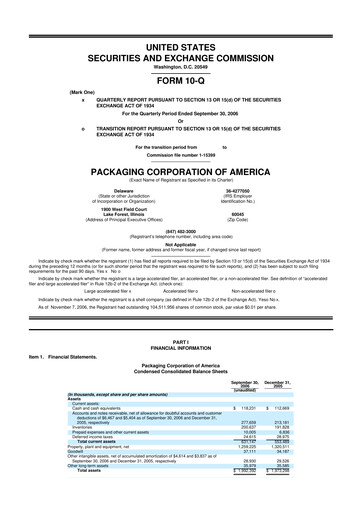 Thumbnail Packaging Corporation of America
 10-Q Quarterly Report FY 