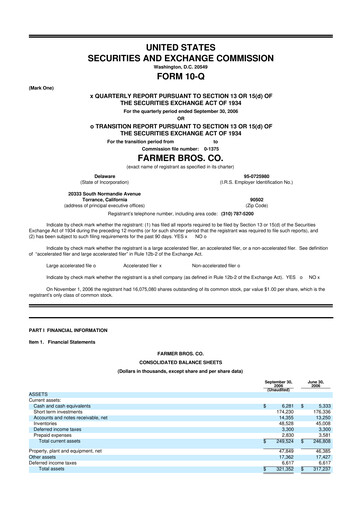 Thumbnail Farmer Brothers
 10-Q Quarterly Report FY 