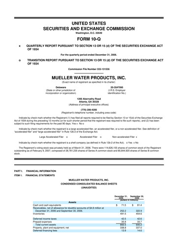 Miniature Mueller Water Products
 10-Q Rapport trimestriel  