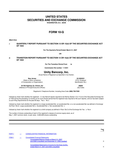 Thumbnail Unity Bancorp 10-Q Quarterly Report FY 