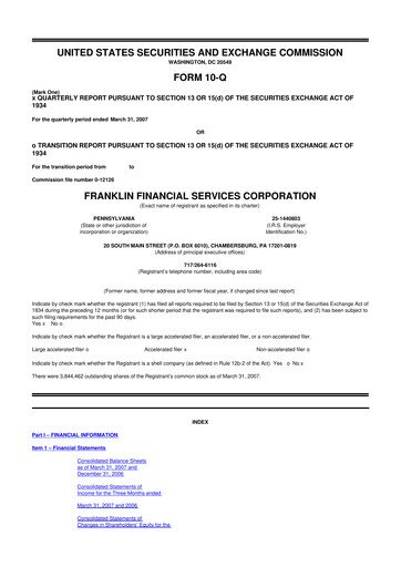 Thumbnail Franklin Financial Services Corporation 10-Q Quarterly Report FY 