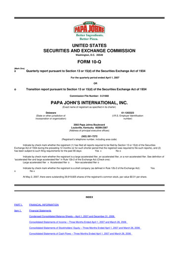 Miniature Papa John's Pizza
 10-Q Rapport trimestriel  
