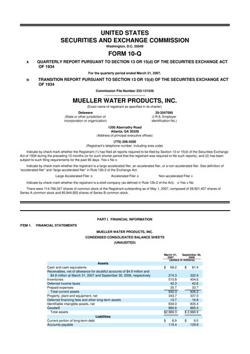 Miniature Mueller Water Products
 10-Q Rapport trimestriel  