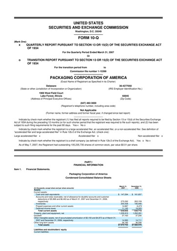 Thumbnail Packaging Corporation of America
 10-Q Quarterly Report FY 