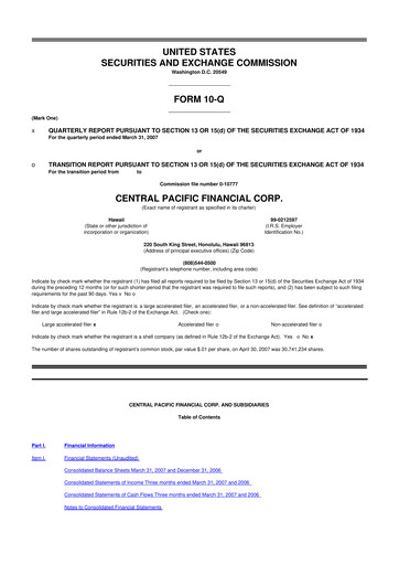 Miniature Central Pacific Financial 10-Q Rapport trimestriel  