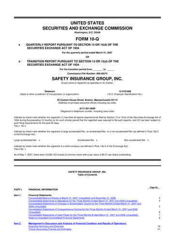 Thumbnail Safety Insurance
 10-Q Quarterly Report FY 