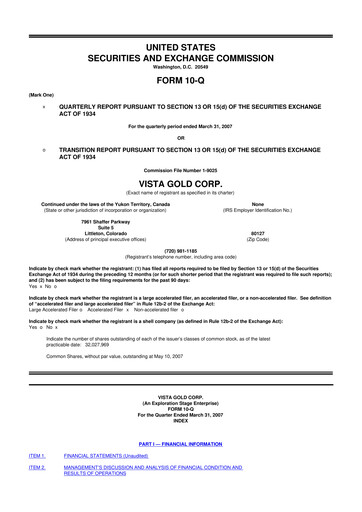 Miniature Vista Gold
 10-Q Rapport trimestriel  