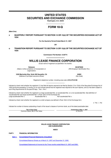 Thumbnail Willis Lease Finance Corporation 10-Q Quarterly Report FY 
