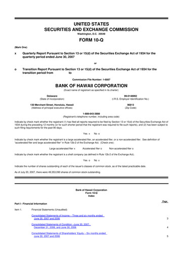 Thumbnail Bank of Hawaii
 10-Q Quarterly Report FY 