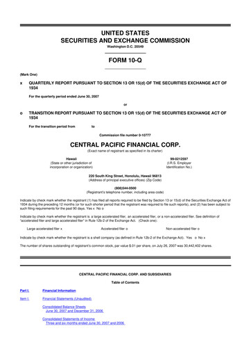 Miniature Central Pacific Financial 10-Q Rapport trimestriel  