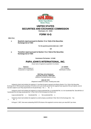 Miniature Papa John's Pizza
 10-Q Rapport trimestriel  