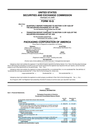 Thumbnail Packaging Corporation of America
 10-Q Quarterly Report FY 