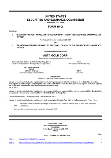 Miniature Vista Gold
 10-Q Rapport trimestriel  