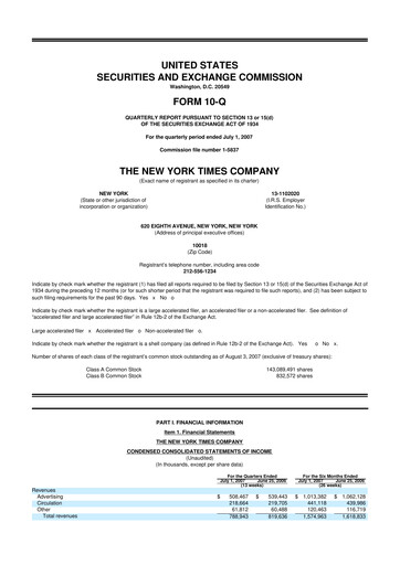 Thumbnail New York Times 10-Q Quarterly Report FY 