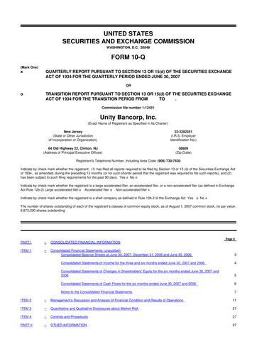 Thumbnail Unity Bancorp 10-Q Quarterly Report FY 