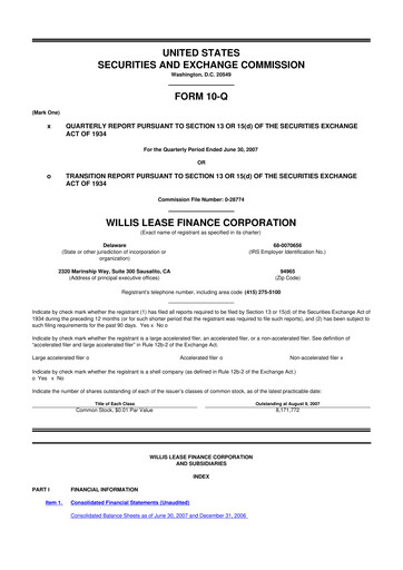Thumbnail Willis Lease Finance Corporation 10-Q Quarterly Report FY 