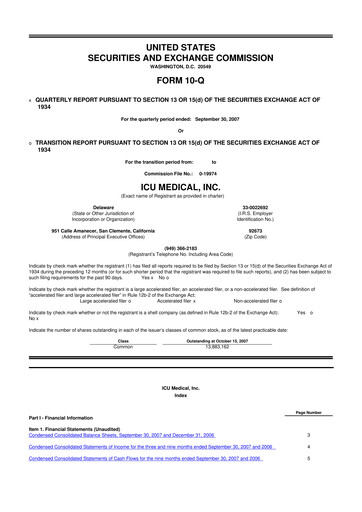 Miniature ICU Medical
 10-Q Rapport trimestriel  