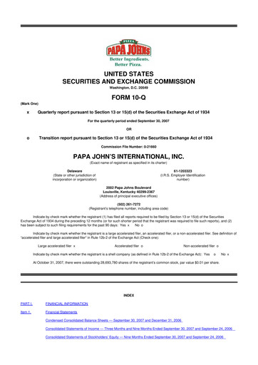 Miniature Papa John's Pizza
 10-Q Rapport trimestriel  