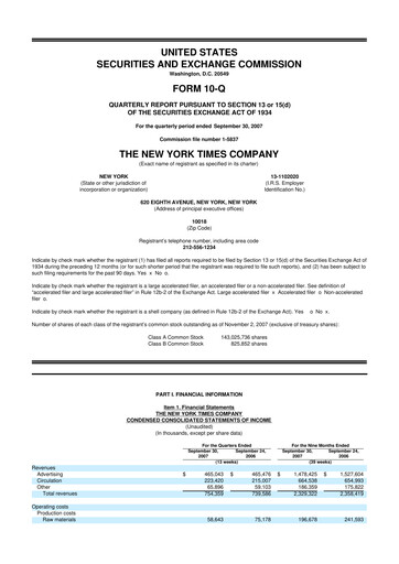 Thumbnail New York Times 10-Q Quarterly Report FY 