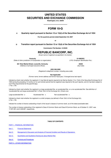 Thumbnail Republic Bank 10-Q Quarterly Report FY 