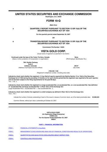 Miniature Vista Gold
 10-Q Rapport trimestriel  