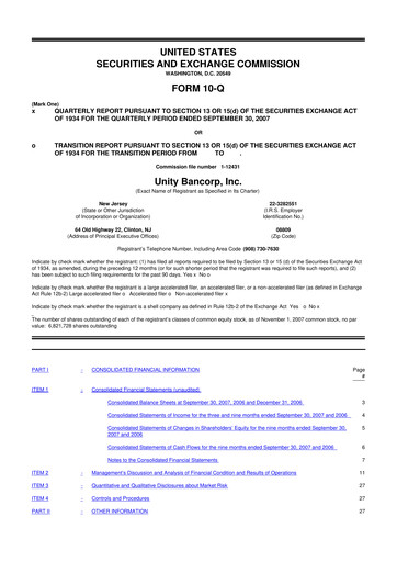 Thumbnail Unity Bancorp 10-Q Quarterly Report FY 
