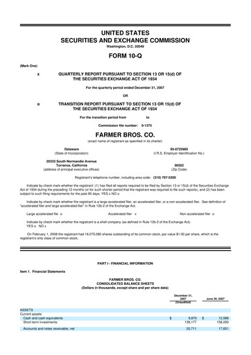 Thumbnail Farmer Brothers
 10-Q Quarterly Report FY 