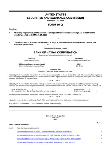 Thumbnail Bank of Hawaii
 10-Q Quarterly Report FY 