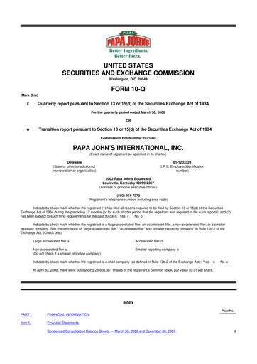 Miniature Papa John's Pizza
 10-Q Rapport trimestriel  