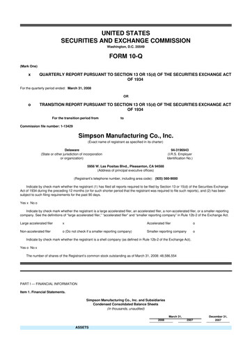 Thumbnail Simpson Manufacturing Company
 10-Q Quarterly Report FY 