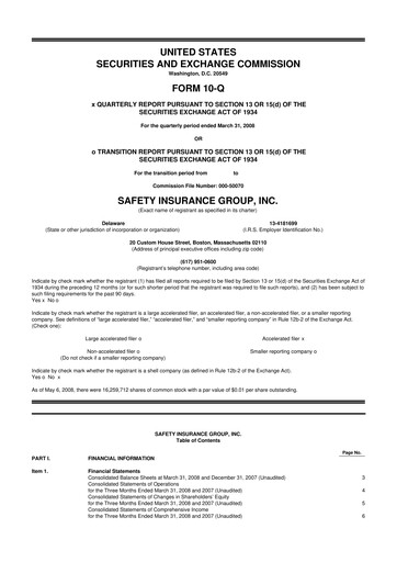 Thumbnail Safety Insurance
 10-Q Quarterly Report FY 