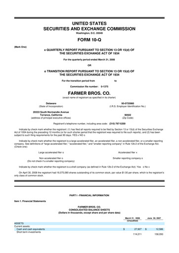 Thumbnail Farmer Brothers
 10-Q Quarterly Report FY 