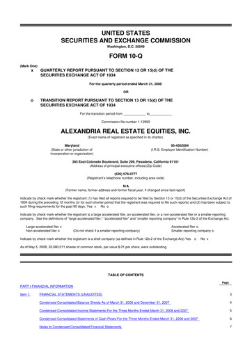 Thumbnail Alexandria Real Estate Equities
 10-Q Quarterly Report FY 